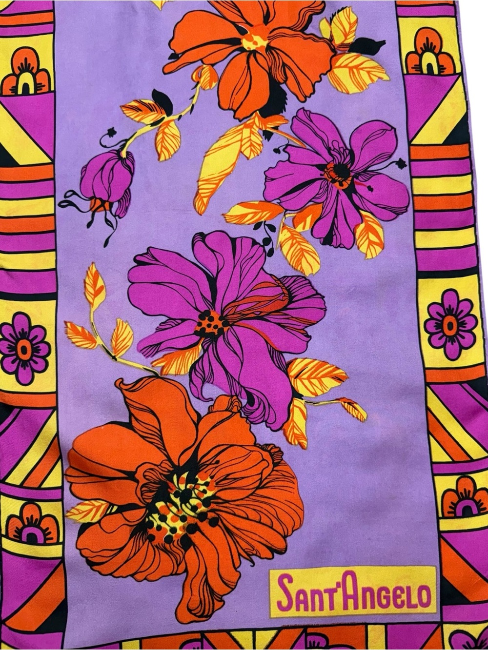 Sant’ Angelo Purple Floral Silk Scarf Luxury Vintage Mod 70s Tropical Floral